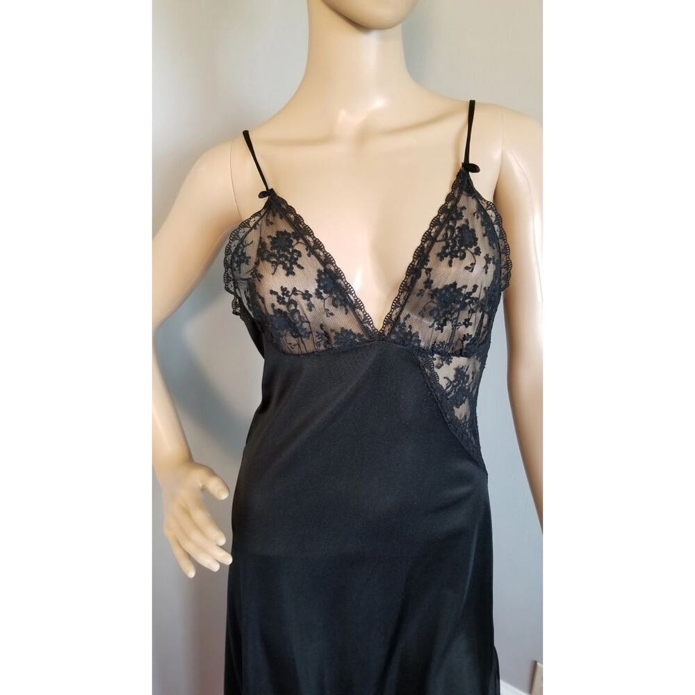 70s Black Lace Nightgown, Lady Cameo Dallas Spaghetti Strap Column Gown -M - Picture 4 of 9